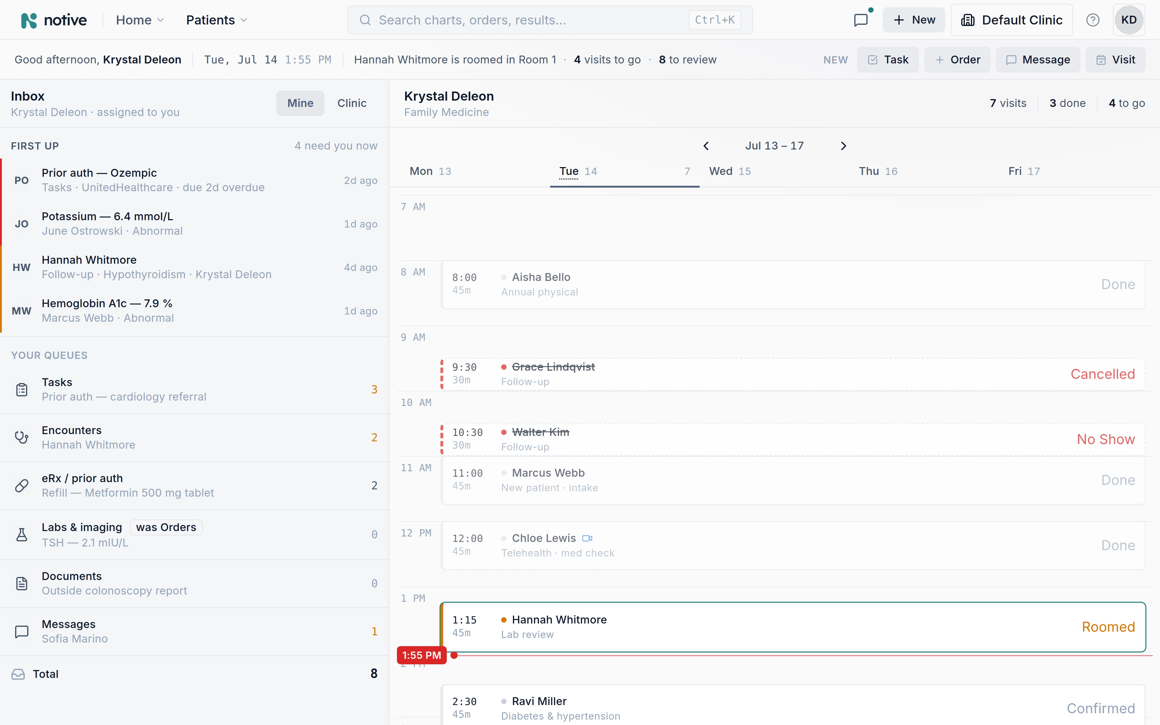 The Notive home workstation: the day's visit schedule with roomed, completed, cancelled and no-show visits alongside a triaged inbox.